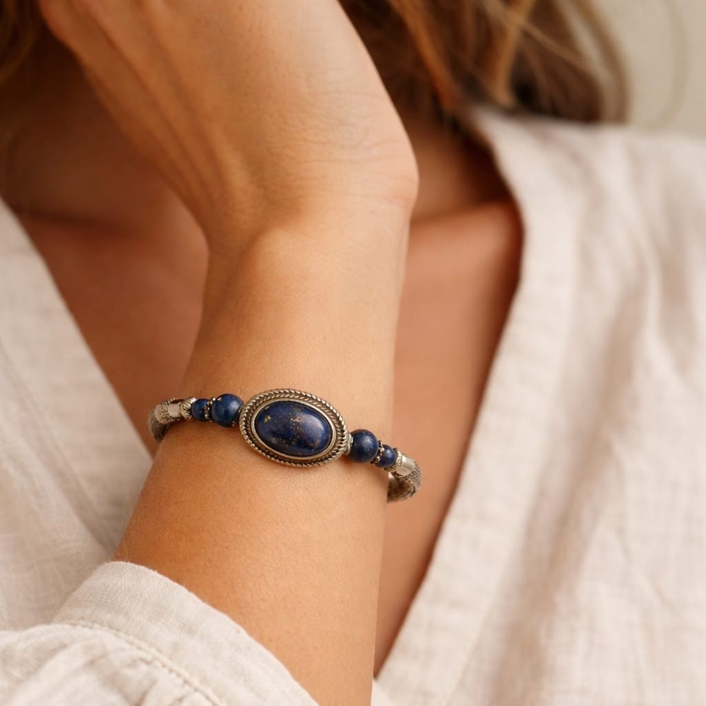 Lapis Lazuli Beaded Bracelet Silver-Tone